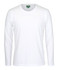 A white long-sleeve t-shirt displayed flat, featuring a simple design and a logo on the collar.