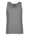 A grey singlet with a round neckline and a logo, made from a lightweight fabric.