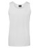 A plain white singlet featuring a round neckline, with a subtle branding label on the inside.
