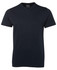 A navy V-neck T-shirt with short sleeves, featuring a tag and simple design.