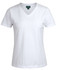A white ladies V-neck T-shirt with short sleeves and a fitted design. Features a logo at the neckline.