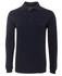 A long-sleeve polo shirt in navy blue with a three-button placket and a collar. It features a logo on the chest.