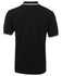 A black polo shirt featuring white contrast detailing on the collar and sleeve hems, with a logo present.