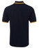 A navy polo shirt featuring contrasting yellow stripes on the collar and sleeve hems. It has a branding logo.
