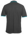 A dark grey polo shirt featuring contrasting turquoise accents on the collar and sleeves. Includes a logo.