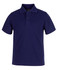 A navy blue short-sleeved polo shirt featuring a three-button placket and a collar. It has a logo on the chest.