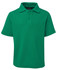A green short-sleeved polo shirt with a collar and a logo on the chest.