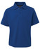 A blue short-sleeved polo shirt with a collar and a logo on the front.