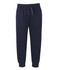 Navy track pants with an elasticated waistband and cuffed hems. Features a logo on the design.