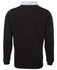 A black long-sleeved polo shirt with a light-coloured collar and a logo on the back.