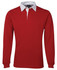 A red rugby polo shirt with a white collar and long sleeves, featuring a logo on the chest.