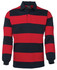 A rugby shirt featuring red and navy striped patterns with a collar. It has long sleeves and a logo.