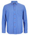 A long-sleeve indigo chambray shirt with a button-up front, featuring a chest pocket and orange buttons.