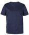 A navy blue unisex premium scrub top featuring short sleeves and multiple pockets, with a logo on the side.