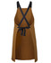 A brown cross-back canvas apron with black straps and a tied waist, featuring a logo.