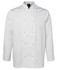 A white long-sleeve chef's jacket with a double-breasted front and a pocket on the sleeve. It features a logo.