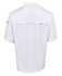 A white short-sleeved chef's jacket with a vented back, featuring a logo on one sleeve.