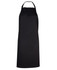 A black apron featuring a halter neck design and a simple style. It includes a logo on the front.