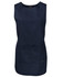 A navy smock with a simple sleeveless design and two front pockets. Features branding on one side.