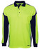 A long-sleeved polo shirt featuring a bright yellow body and navy blue arm panels, with a pocket and branding.