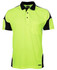 A bright lime green polo shirt with black accents and a pocket, featuring a logo on the front.