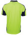 A bright lime green and navy blue polo shirt with arm panels and a branding logo.