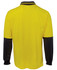 A long-sleeved polo shirt featuring a yellow body and black sleeves, with a branding logo.