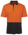 An orange and black short-sleeve cotton polo shirt featuring a pocket and a logo.