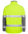 A high-visibility softshell jacket in bright yellow with grey sleeves and reflective strips on the back.
