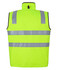 A high visibility vest in fluorescent yellow with two reflective stripes, featuring a collar and a black trim.
