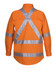 An orange long-sleeve safety shirt with reflective tape in a cross-back design, featuring a collar and button closure.