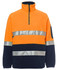 A high-visibility work polar fleece in orange and navy, featuring reflective stripes and a zippered collar.