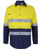 A long-sleeve, high-visibility fishing shirt in yellow and navy, featuring reflective stripes and pockets.