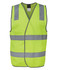 A high-visibility safety vest in bright yellow with reflective grey stripes and a logo.
