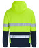 A high-visibility yellow hoodie with reflective stripes and a navy hood and bottom sections. It has a logo.