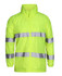 A high-visibility lime jacket with reflective stripes, designed for workwear. It features a zip front and a stand-up collar.