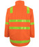 A bright orange jacket with reflective green stripes, featuring a collar and a zip-off sleeve design.