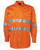 An orange work shirt with silver reflective stripes and two front pockets, featuring a logo.