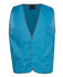 A blue tricot vest featuring a simple open design and a logo at the neck. It has multiple pockets.