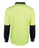 A long-sleeved polo shirt featuring a bright lime green front and black sleeves, with a plain design and a collar.