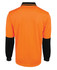 An orange and black long-sleeve polo shirt featuring a collar and contrasting sleeve details, with a logo present.