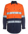 A long-sleeved work shirt in orange and navy, featuring reflective stripes and a branding logo.