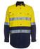 A long-sleeve work shirt featuring yellow and navy blue colours with reflective stripes and a logo.