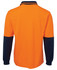 An orange long-sleeve polo shirt featuring dark blue sleeves and a collar. It has a logo on the front.