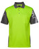 A bright yellow and grey work polo shirt with a pocket and a logo on the sleeve.