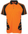 An orange and black polo shirt featuring a pocket and contrasting panels, with a logo on the design.