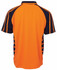 An orange and navy work polo shirt with a sporty design and a logo on the chest.