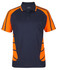 A navy blue and orange polo shirt featuring a pocket and sporty design with branding.