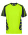 A bright lime green and navy T-shirt with a pocket, featuring contrasting design elements and a logo.