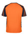 A work t-shirt featuring an orange body with navy blue sleeves and side details. It includes a logo on the back.